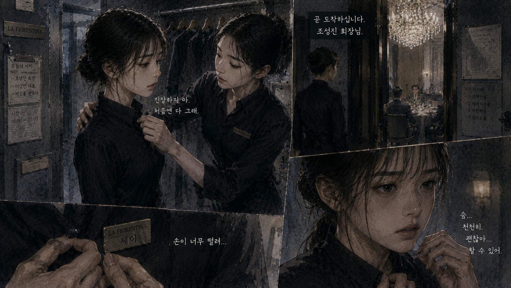 주방장은 세아를 위아래로 훑어보았다.
날카로운 눈빛.

"성회장님 소개로 왔다고 들었어."

"네."

"주방 일 해 본 적 있나?"

"아니요."

세아가 솔직하게 답했다.

"하지만 열심히 배우겠습니다."

"음."

주방장은 짧게 대답하고는 다른 직원을 불렀다.

"민지야!"

"네, 주방장님!"

젊은 여직원이 달려왔다.
20대 중반쯤 되어 보였다.

"이 친구 좀 가르쳐 줘. 기본적인 것부터."

"네, 주방장님."

민지라는 이름의 여직원이 세아에게 다가왔다.

"안녕, 난 민지야."

민지는 친근하게 웃으며 말했다.

"여기서 3년째 일하고 있어."

"안녕하세요. 세아예요."

"일은 생각보다 힘들지 않으니까 너무 긴장하지 마."

민지가 세아의 어깨를 두드렸다.

"따라와. 설명해줄게."

민지는 세아에게 주방의 구조를 설명해주었다.

"여기가 전처리실. 식재료 손질하는 곳이야."

"저기가 냉장고. 온도 관리 철저히 해야 해."

"여기는 설거지하는 곳. 너 주로 여기서 일하게 될 거야."

세아는 조용히 따라가며 모든 것을 관찰했다.

주방의 배치.
직원들의 동선.
그리고 홀로 나가는 문의 위치까지.

"참."

민지가 세아를 돌아보며 말했다.

"여긴 프라이빗 레스토랑이라 주방 직원은 홀에 나갈 수 없어."

"왜요?"

"VIP 손님들 프라이버시 보호 때문이래."

민지가 설명했다.

"홀 서빙은 따로 훈련받은 직원들만 할 수 있어. 신원 확인도 까다롭고."

'홀로 나가야 하는데&hellip;'

세아는 속으로 생각했다.

'어떻게든 기회를 만들어야 해.'

그날 하루, 세아는 설거지와 식재료 정리를 했다.
단순 노동이었지만, 힘들었다.
하루 종일 서 있으니 다리가 아팠다.
상처 입은 몸으로 일하는 것은 쉽지 않았다.
하지만 세아는 불평 한마디 없이 묵묵히 일했다.

---

## 홀로 가는 길

일주일이 지났다.
세아는 성실하게 일했다.
누구보다 일찍 출근하고, 늦게 퇴근했다.
힘든 일도 마다하지 않았다.
주방장도 그녀의 성실함을 인정하기 시작했다.

"강세아, 일 잘하네."

어느 날 주방장이 말했다.

"이 정도면 곧 홀 서빙 교육 받을 수 있을 거야."

세아의 눈이 반짝였다.

"정말요?"

"응. 사장님한테 추천해볼게."

"감사합니다!"

그리고 그 기회는 예상보다 빨리 찾아왔다.
어느 금요일 저녁이었다.
오늘은 VIP 예약이 유난히 많은 날이었다.
세아는 주방에서 설거지를 하고 있었다.
그때, 홀 쪽에서 소란스러운 소리가 들렸다.

"아, 큰일났어!"

민지가 황급히 주방으로 뛰어 들어왔다.
얼굴이 창백했다.

"무슨 일이야?"

주방장이 물었다.

"서빙 직원 한 명이 갑자기 쓰러졌어요!"

민지가 다급하게 말했다.

"지금 구급차 불렀는데... 오늘 VIP 룸 예약이 꽉 찼잖아요. 어떡해요?"

레스토랑 매니저가 주방으로 급하게 들어왔다.
30대 여성이었다.
얼굴에 땀이 맺혀 있었다.

"주방 직원 중에 서빙 경험 있는 사람 없나요?"

매니저가 급하게 물었다.
직원들이 서로를 바라봤다.
아무도 손을 들지 않았다.
세아의 심장이 빠르게 뛰기 시작했다.

'기회다.'

지금이 아니면 언제 홀로 나갈 수 있을까.
그녀는 손을 들었다.

"제가&hellip;"

세아가 조심스럽게 말했다.

"해볼 수 있습니다."

매니저가 세아를 바라봤다.

"너 신입이잖아."

"네. 하지만..."

세아가 침착하게 말했다.

"카페에서 서빙 경험이 있습니다. 할 수 있어요."

매니저는 잠시 고민했다.
다른 선택지가 없었다.

"좋아."

매니저가 고개를 끄덕였다.

"오늘만 긴급으로 투입하겠어. 실수하지 마."

"네!"

"민지, 세아한테 빨리 유니폼 주고 홀 규칙 설명해줘."

"네!"

민지가 세아의 손을 잡고 라커룸으로 뛰었다.

"와, 세아야. 운 좋다!"

민지가 홀 서빙 유니폼을 꺼내며 말했다.

"보통 몇 달은 걸리는데."

세아는 유니폼으로 갈아입었다.

검은색 블라우스와 치마.
거울을 보니 단정하고 우아한 서버의 모습이 비쳤다.
민지가 급하게 세아에게 주의사항을 알려주었다.

"VIP 손님들한테는 절대 먼저 말 걸지 마."

"네."

"불리면 가고, 아니면 조용히 서빙만 해."

"알겠어요."

"표정 관리 잘하고, 항상 미소."

"네."

"그리고 오늘&hellip;"

민지가 세아의 어깨를 잡으며 말했다.

"조 회장님 오신대."

조 회장.
조성진.

세아의 손이 미세하게 떨렸다.
심장이 빠르게 뛰었다.
드디어.
드디어 그를 마주할 기회가 왔다.

"아주 중요한 손님이니까 실수하지 마. 알았지?"

"네... 알았어."

"괜찮아?"

민지가 걱정스럽게 세아를 바라봤다.

세아의 얼굴이 창백해 보였다.

"응, 괜찮아."

세아는 억지로 웃으며 대답했다.

"긴장돼서 그래."

"괜찮아. 천천히 하면 돼."

민지가 세아의 등을 두드렸다.
세아는 심호흡을 하고 홀로 향했다.
문을 밀고 나갔다.
화려한 샹들리에가 천장에 매달려 있었다.
부드러운 조명이 레스토랑 전체를 감쌌다.
고급스러운 테이블들이 놓여 있었다.
흰 테이블보, 은식기, 크리스털 와인 잔.
클래식 음악이 은은하게 흘러나왔다.
그리고 저 멀리.
VIP 룸 중 하나에서 익숙한 목소리가 들렸다.
조성진의 목소리였다.
세아의 심장이 격렬하게 뛰었다.

'진정해. 지금은 아니야.'

그녀는 자신을 다독이며 조용히 홀을 걸었다.
매니저가 세아에게 다가왔다.

"저기 3번 테이블 물 갖다 드리고, 4번 테이블 메뉴판 가져와."

"네."

세아는 침착하게 일을 시작했다.
물을 따르고, 메뉴판을 나르고, 주문을 받았다.
그리고 조성진이 있는 VIP 룸 앞을 지나갔다.
여접대원이 들어가는 문틈 사이로 그의 모습이 보였다.
말쑥한 정장을 입고, 여유롭게 와인을 마시며 웃고 있는 조성진.
그 옆에는 여러 명의 사람들이 앉아 있었다.
정치인처럼 보이는 중년 남성들.
그리고 비서처럼 보이는 젊은 남자들.

"...입항은 다음 달 15일입니다."

비서의 목소리가 들렸다.

"모든 준비는 완료되었습니다."

"좋아."

조성진의 목소리.

"이번 건은 절대 실패해서는 안 돼."

세아는 귀를 기울였다.

'뉴 프론티어 프로젝트&hellip; 입항&hellip; 다음 달 15일&hellip;'

그녀는 이 정보를 머릿속에 새겼다.

"저기."

지나가던 매니저가 세아를 부른다

"네!"

세아는 재빨리 그쪽으로 향했다.

"3번 룸 주문서야. 주방으로."

"네, 바로 가져다 드리겠습니다."

세아는 공손하게 대답하고 물을 가지러 갔다.
그녀의 머릿속에는 방금 들은 대화가 맴돌고 있었다.

'다음 달 15일. 입항. 뉴 프론티어.'

이것은 조성진의 음모를 밝혀낼 중요한 단서가 될 수 있었다.
세아는 그날 밤, 조성진이 레스토랑을 떠날 때까지 조심스럽게 그를 관찰했다.

그의 동선.
만나는 사람들.
그리고 나누는 대화의 단편들.

모든 것이 그녀의 복수 계획에 중요한 퍼즐 조각이 되고 있었다.

밤 10시.

조성진이 레스토랑을 떠났다.
경호원들에 둘러싸여.
세아는 주방으로 돌아와 유니폼을 벗었다.
손이 떨렸다.
오늘 그를 봤다.
그를 가까이서 봤다.
그리고 중요한 정보를 얻었다.

'다음 달 15일...'

무슨 날일까... 어떤 날일까.. 
나는 그 전에 조성진의 옆에 갈 수 있을까....