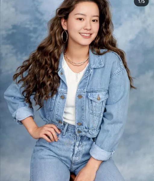 AI 이어북 필터를 입힌 정유미. 청자켓에 청바지를 입고 있음.