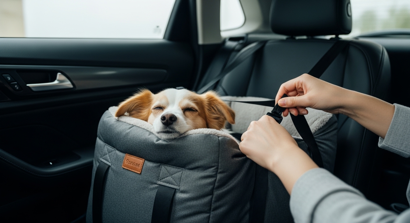 자동차 뒷좌석의 반려동물 전용 카시트에 안전하게 앉아있는 강아지.