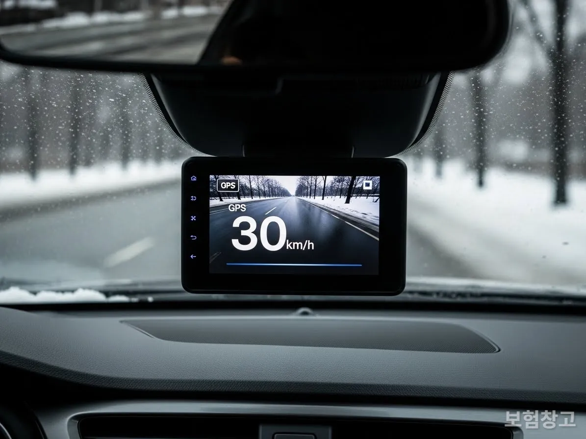 GPS 속도와 차량 보닛이 선명하게 찍힌 블랙박스 녹화 화면 클로즈업