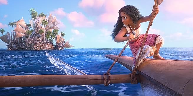Moana navigating a canoe toward an island fleet on the open sea in Moana 2