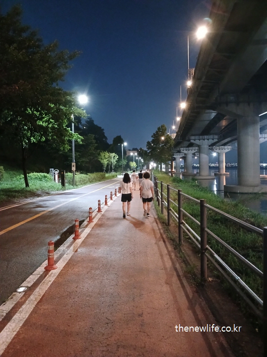 야간 강변 산책로에서 천천히 걷는 사람들 – 일반 걷기 운동 모습