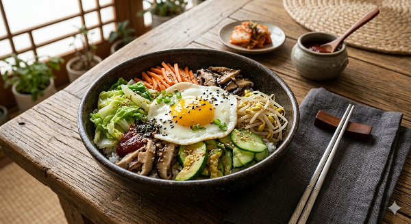 노란 반숙 계란 프라이가 올라간 먹음직스러운 봄동비빔밥 완성 샷. 검은깨가 솔솔 뿌려져 있으며 정갈한 은수저가 곁들여진 한국 전통 다이닝 스타일의 8k 사진