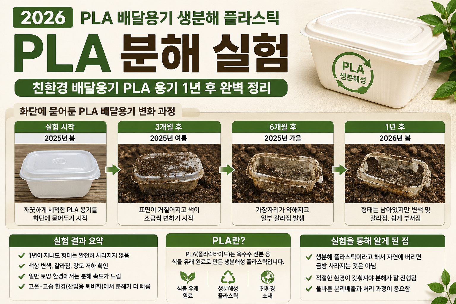 2026 PLA 배달용기 생분해 플라스틱 PLA 분해 실험 친환경 배달용기 PLA 용기 1년 후 완벽 정리