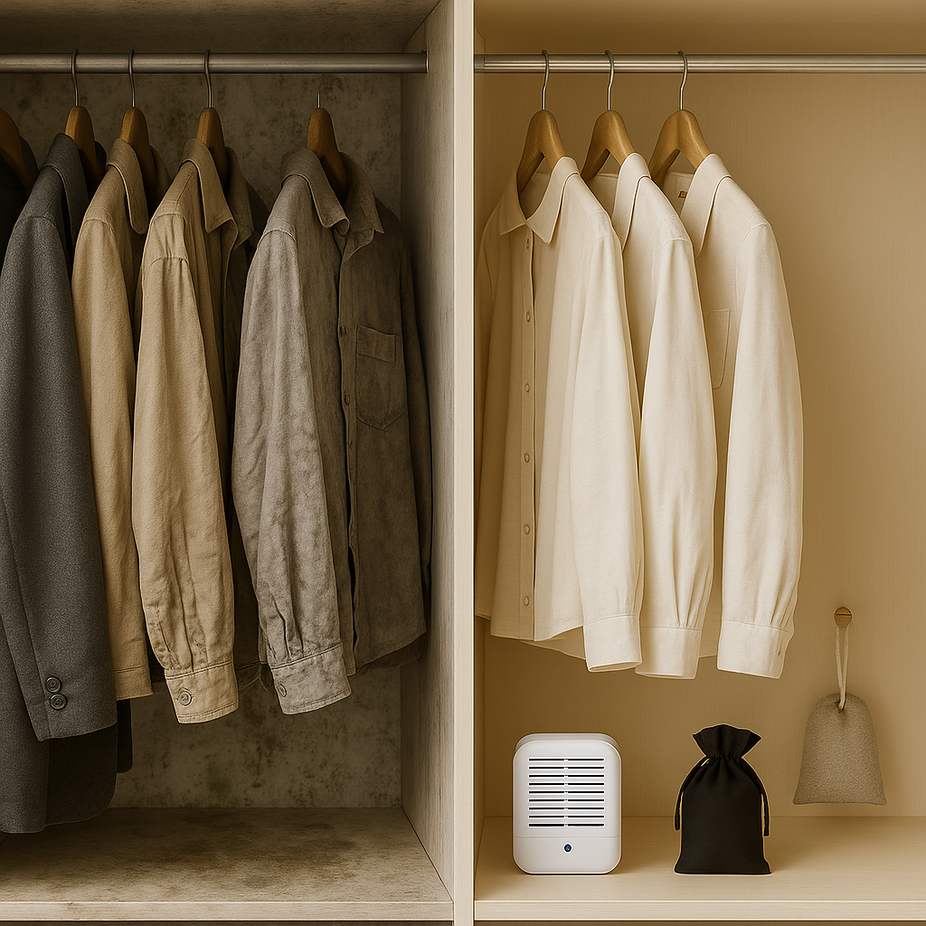 왼쪽은 옷이 가득 차서 구김과 곰팡이 자국이 보이는 눅눅한 옷장, 오른쪽은 제습제와 방향제가 놓여 깔끔하고 산뜻하게 정리된 옷장이 나란히 비교된 이미지