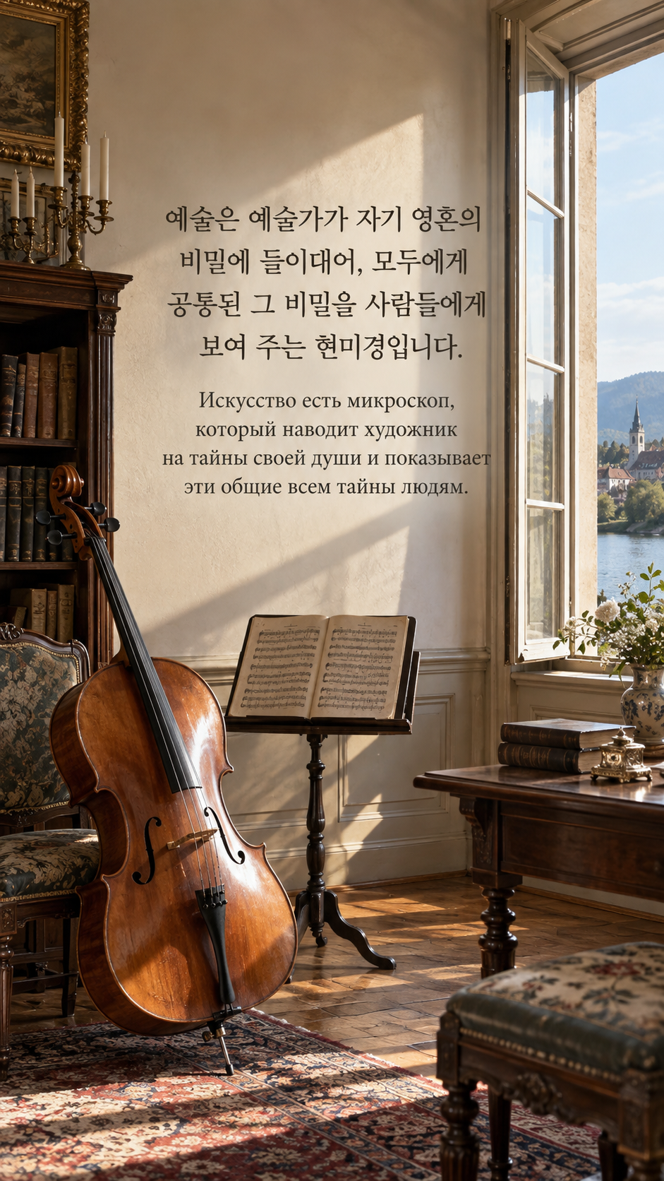 영혼의 비밀을 함께 보기 — 첼로가 놓인 오래된 음악실