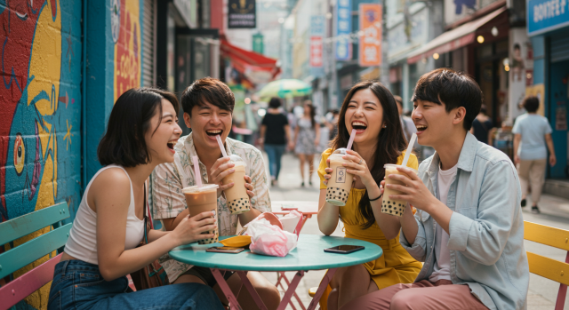 친구들이 함께 버블티를 마시며 웃고 있는 모습