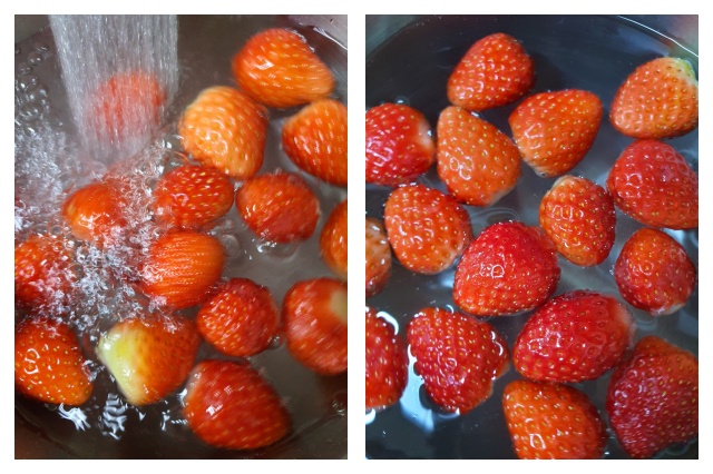 흐르는물에 세적중인 딸기