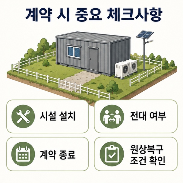 토지 임대차에서 시설물 설치와 전대 여부, 계약 종료 후 원상복구 조건을 확인해야 함을 설명한 이미지