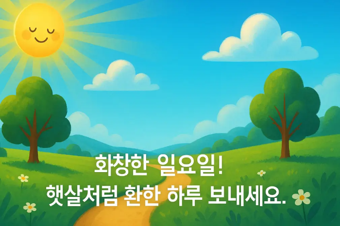 화창한 일요일 문구 해 나무 잔디