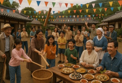 지역 주민들이 함께 전통놀이와 음식을 즐기며 마을의 문화를 나누는 축제 현장 모습