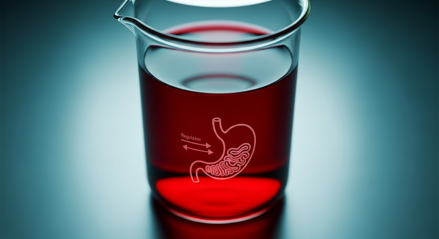 혈당 조절을 상징하는 비커와 소화기 계통 그래픽. 애플사이다비니거가 혈당 관리에 도움을 주는 과학적 원리를 보여줍니다.