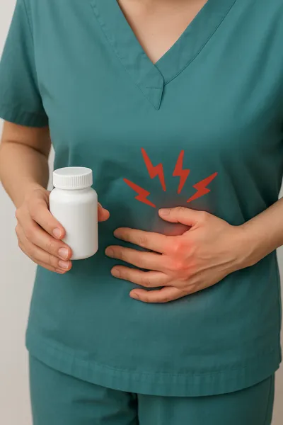 복통약 들고 배를 누르는 사람