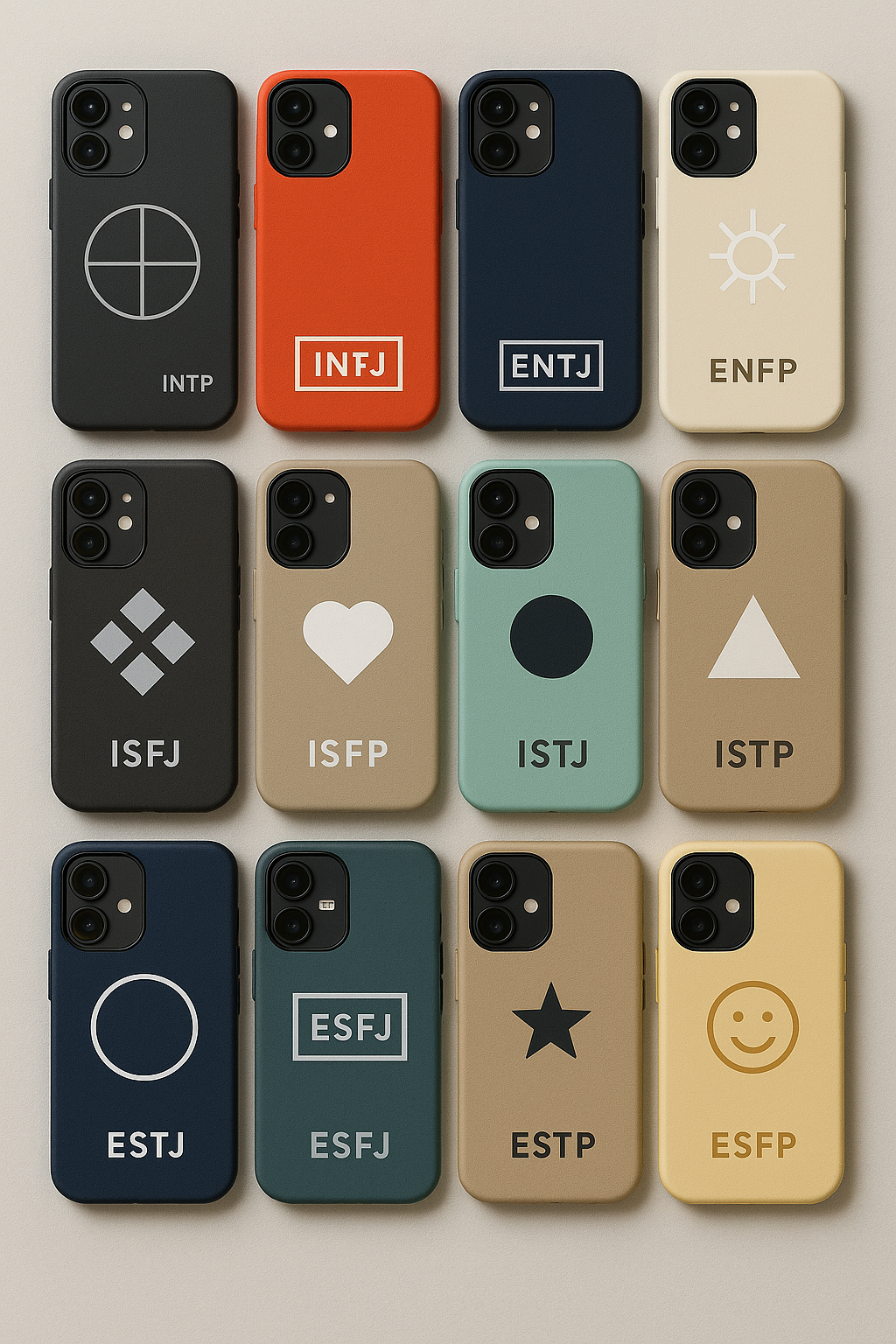 동일 공정으로 제작된 16개 스마트폰 케이스가 4×4 그리드로 배열되어 있으며, 차콜·네이비·크림·민트·샌드 등 다양한 베이스와 타입별 스티커 디자인 차이를 보여줌