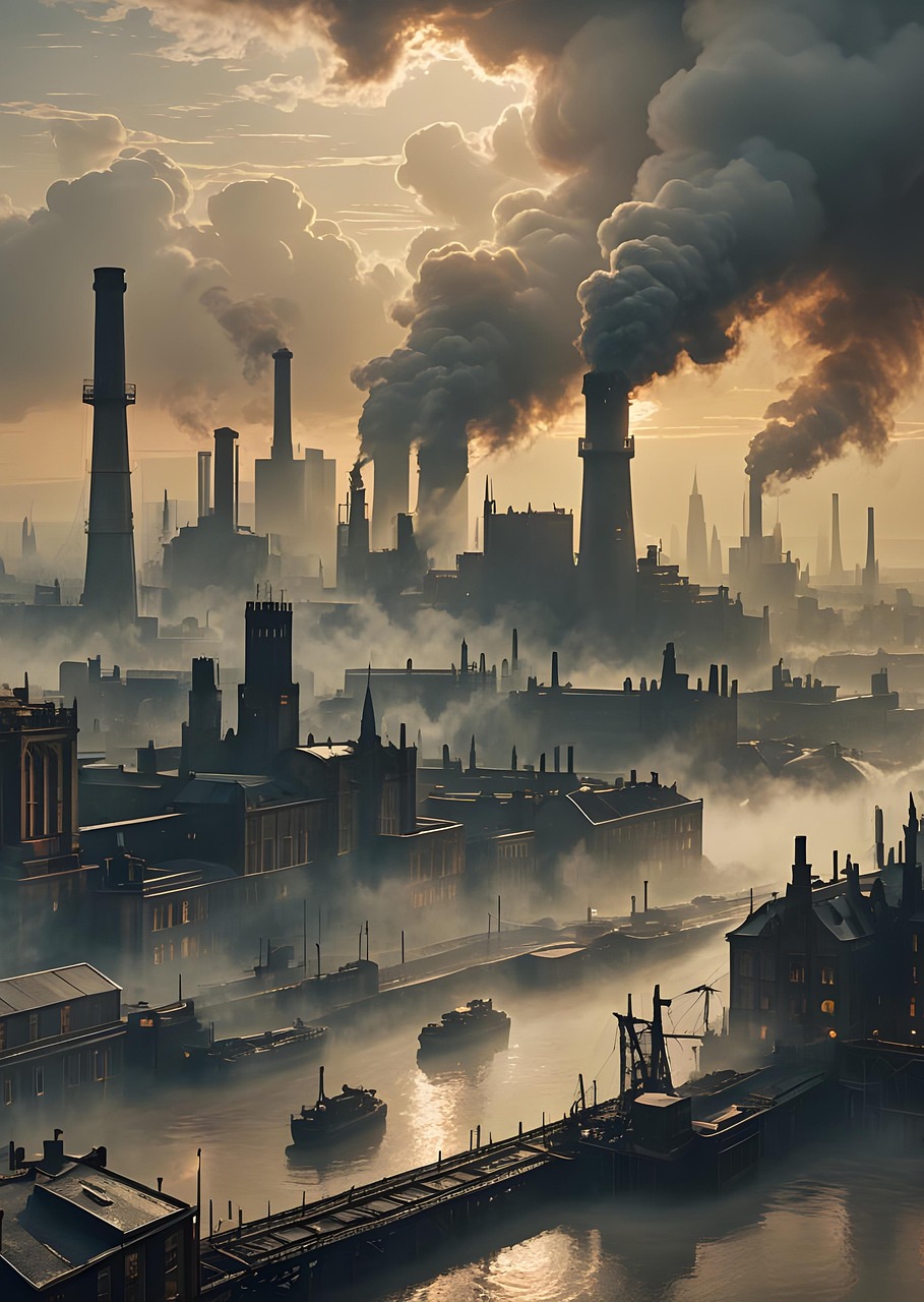 산업화 시대 공장 굴뚝에서 피어오르는 연기