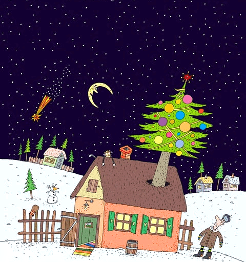 밤하늘에 수많은 별들이 총총 떠있다. 땅에는 집이 있고 한 아저씨가 집 밖에 서 있다.