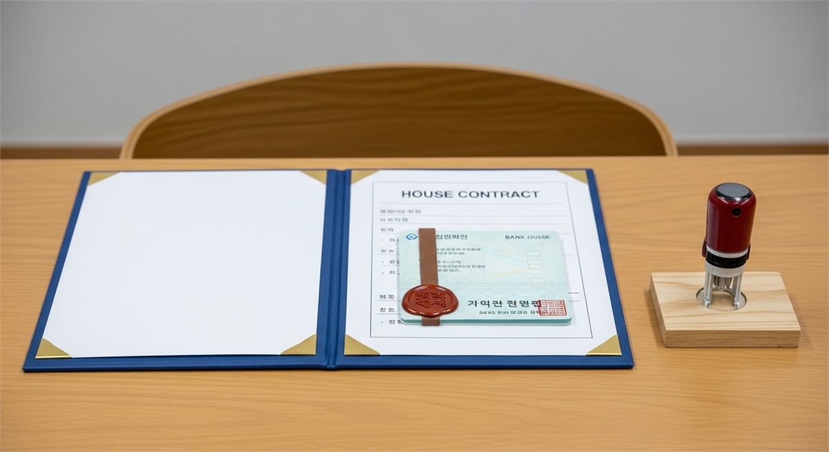 계약 폴더와 통장 형태 소품&amp;#44; 인감도장을 함께 놓은 방문 발급 상징 장면 