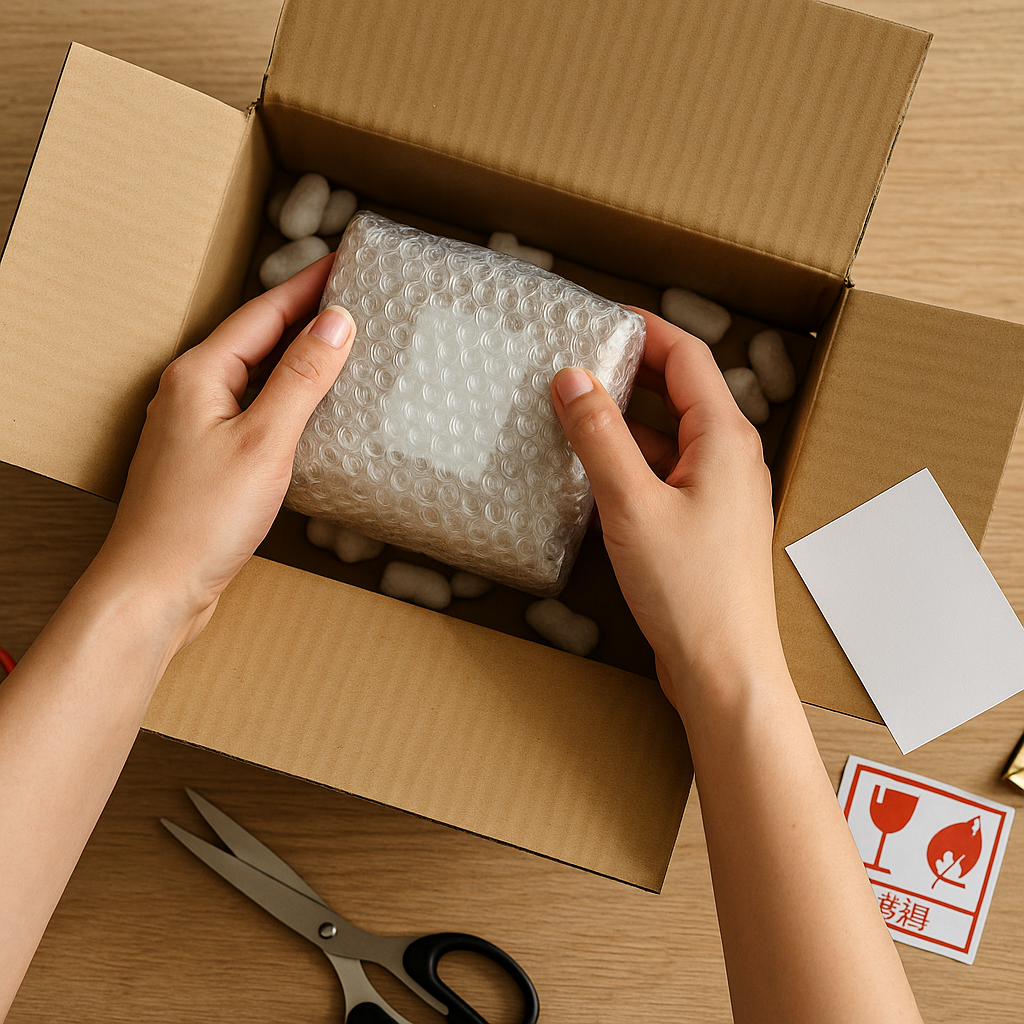 소형 택배를 에어캡으로 완충해 상자에 넣는 손, 테이프·가위·완충재와 함께 포장 단계 시각화