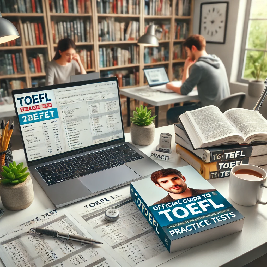 토플 교재와 노트북으로 공부하는 학생, 정리된 책상과 조용한 공부방