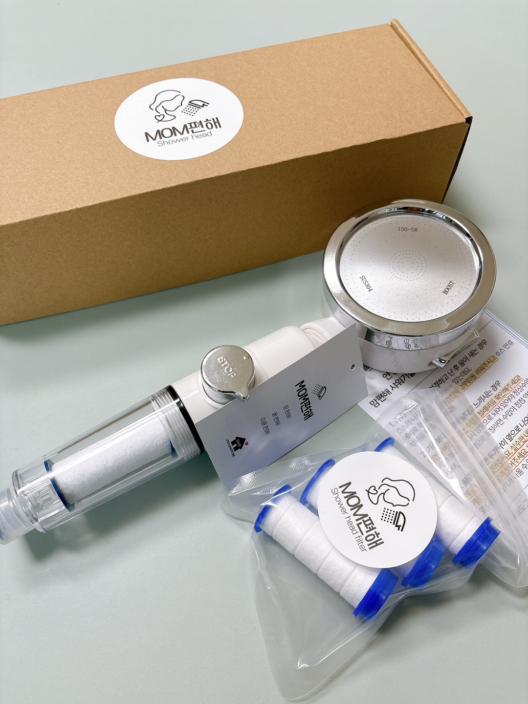 맘편해_샤워기_상자_화이트 샤워기_필터세트