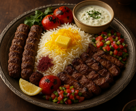 이란 전통 음식 첼로 케밥과 사프란 향의 밥 사진 관련