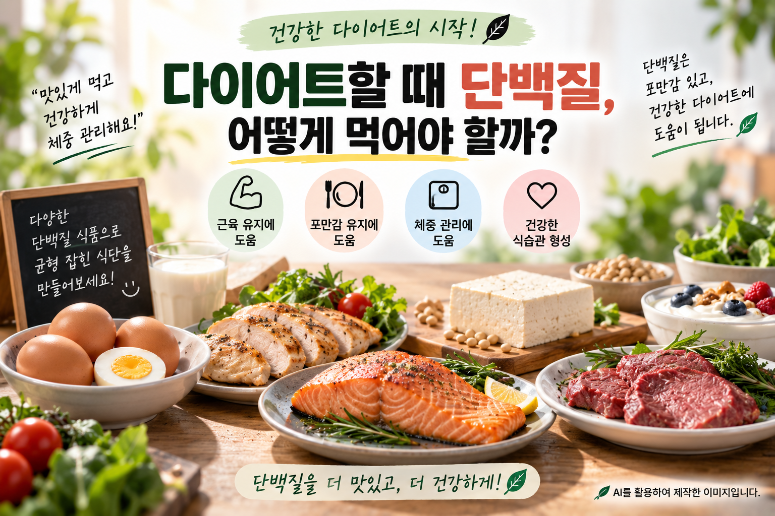 다이어트할 때 단백질이 중요한 이유와 단백질 식품을 소개하는 이미지