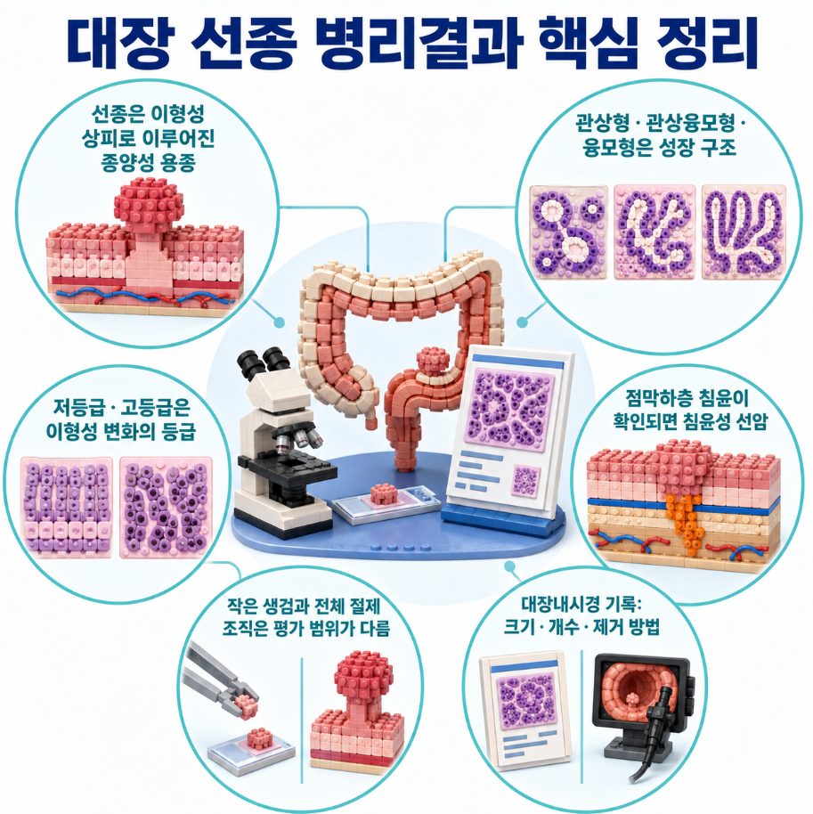 대장 선종의 조직형&middot;이형성 등급&middot;점막하층 침윤&middot;검체 범위와 대장내시경 기록 핵심 정리