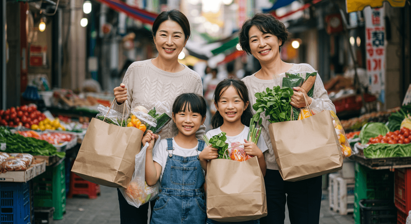 두 가정의 엄마와 아이들이 장을 본 모습