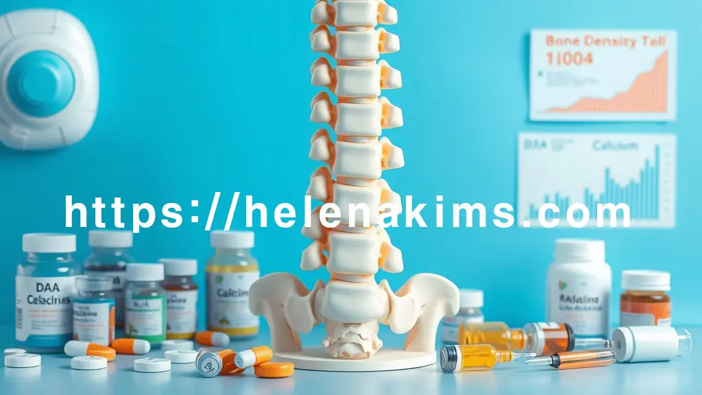 뼈의 섬세한 3D 모습과 그 주변으로는 다양한 약물, 알약과 주사제 형태, 칼슘과 비타민D 보충제 병, 그리고 골밀도 검사(DXA) 장비의 일부 또는 골밀도 변화를 나타내는 그래프가 조화롭게 배열되어 있는 모습.
