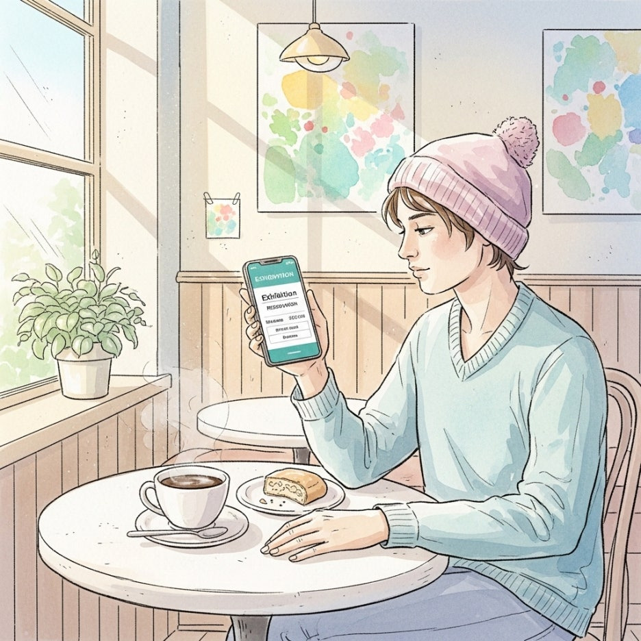 스마트폰으로 전시 예약을 확인하는 장면