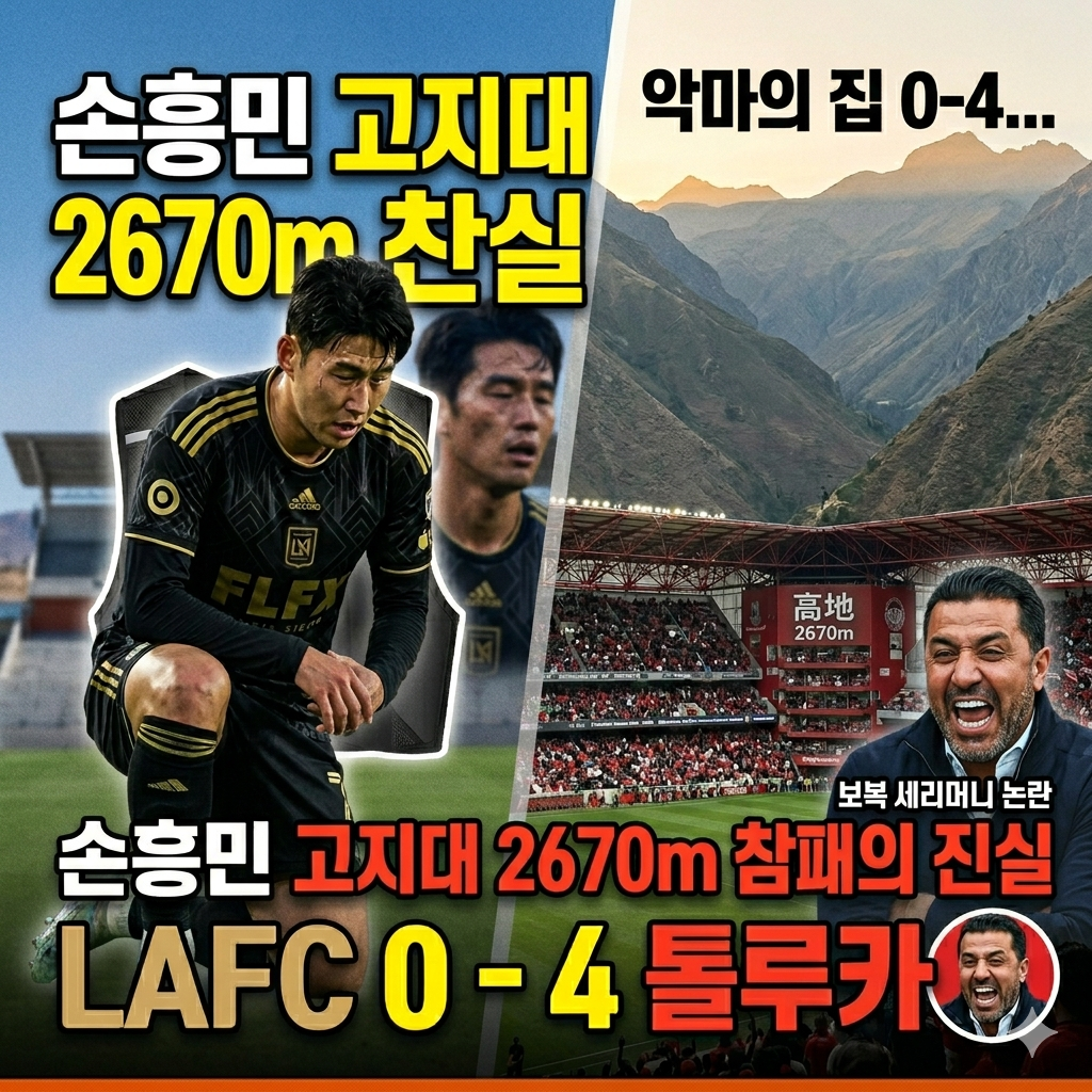 해발 2670m 고지대에 위치한 멕시코 톨루카 홈구장의 전경과 산소가 희박한 환경에서 거친 숨을 몰아쉬며 무거운 몸놀림을 보이는 손흥민 선수의 모습이 대비되어 있습니다. 경기 초반 톨루카의 파상공세에 고전하는 LAFC 선수들과 '고지대의 공포'라는 임팩트 있는 타이틀이 시선을 사로잡습니다. 또한, 'LAFC 0대4 완패', '손흥민 슈팅 0개'와 같은 구체적인 결과가 직관적으로 포함되어 클릭률을 높이는 데 효과적입니다.