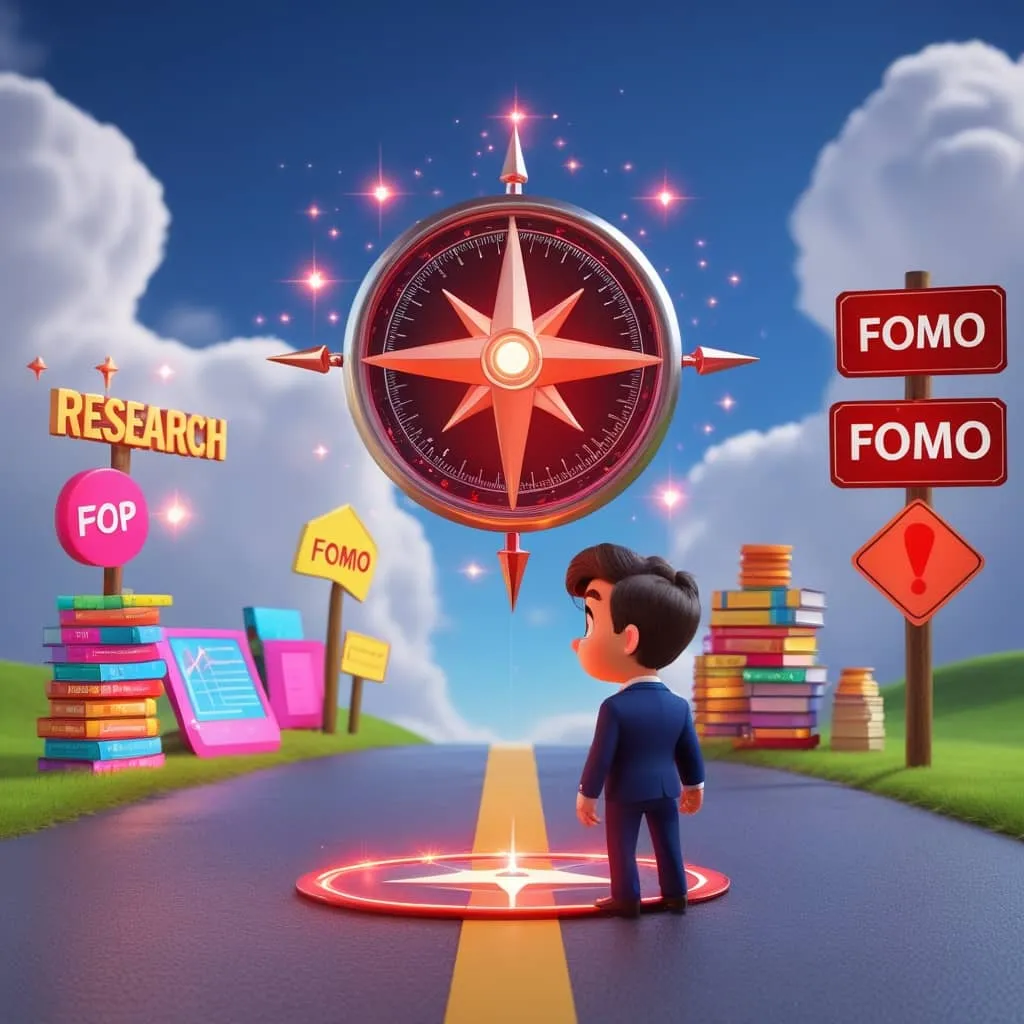 옵티미즘 코인 투자 전에 투자이냐 리서치이냐를 갈림길에서 고민하고 있는 남성 직장인의 모슴 이미지.