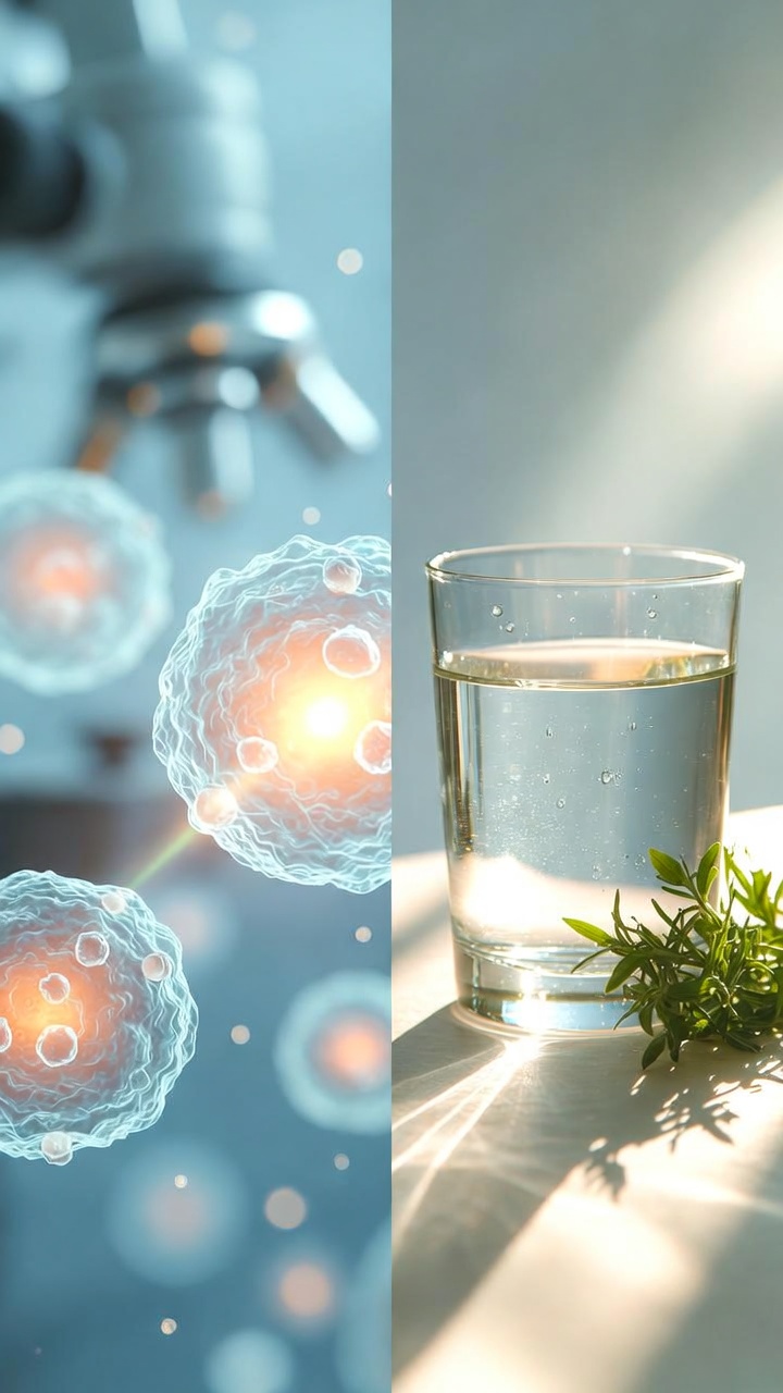 현미경으로 본 빛나는 건강한 세포들의 모습과 햇살이 비치는 맑은 물 한 잔, 초록색 허브 잎이 나란히 놓인 이미지. 만성 염증의 과학적 이해와 일상 속 생활 습관의 중요성을 상징적으로 표현함.