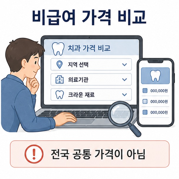 지역과 의료기관, 크라운 재료를 같은 조건으로 선택해 비급여 가격을 비교하는 방법을 표현한 이미지