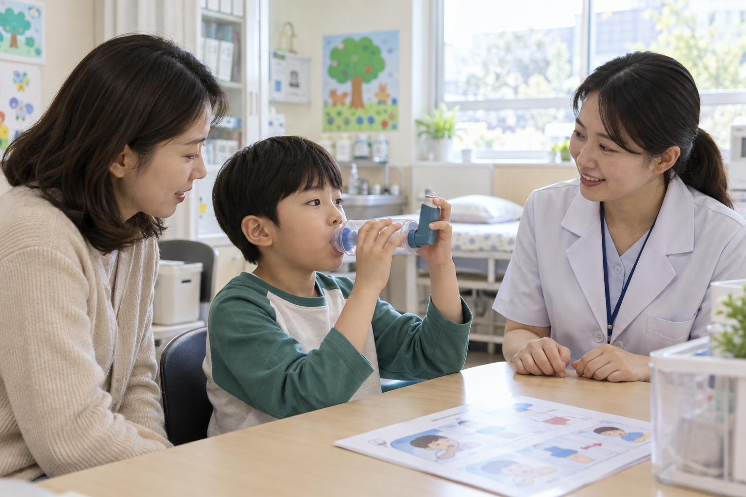 소아 천식 흡입기와 학교 대처계획, 증상 기록부터 응급 신호까지와 관련해 부모와 아이가 실제 상황에서 다음 행동을 확인하는 장면