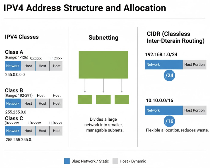 IPv4 주소 클래스(A, B, C)의 기본 서브넷 마스크 구조 및 CIDR 표기법 다이어그램: 네트워크와 호스트 부분을 구분하는 방식