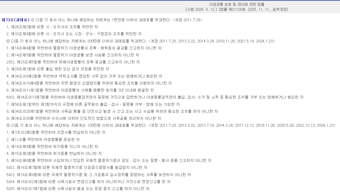 야생생물 보호 및 관리에 관한 법률 제73조 국제적 멸종위기종 신고 의무 위반 과태료 규정