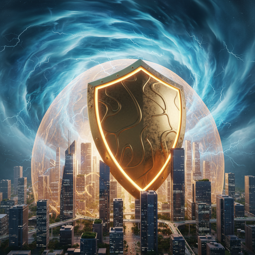 "단단한 황금빛 방패가 도시를 보호하고 있는 추상적인 이미지"
