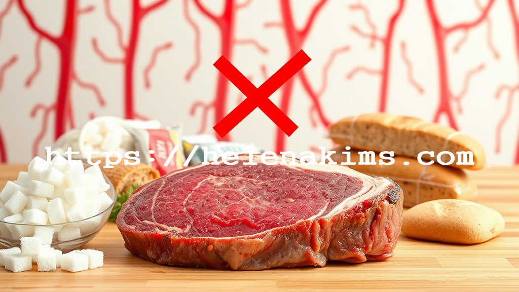 설탕, 고기, 빵, 인스턴트 식품 등이 혈관과 함께 그려진 이미지.