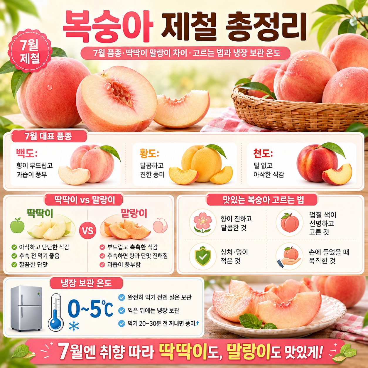 복숭아 제철 총정리: 7월 품종·딱딱이 말랑이 차이·고르는 법과 냉장 보관 온도