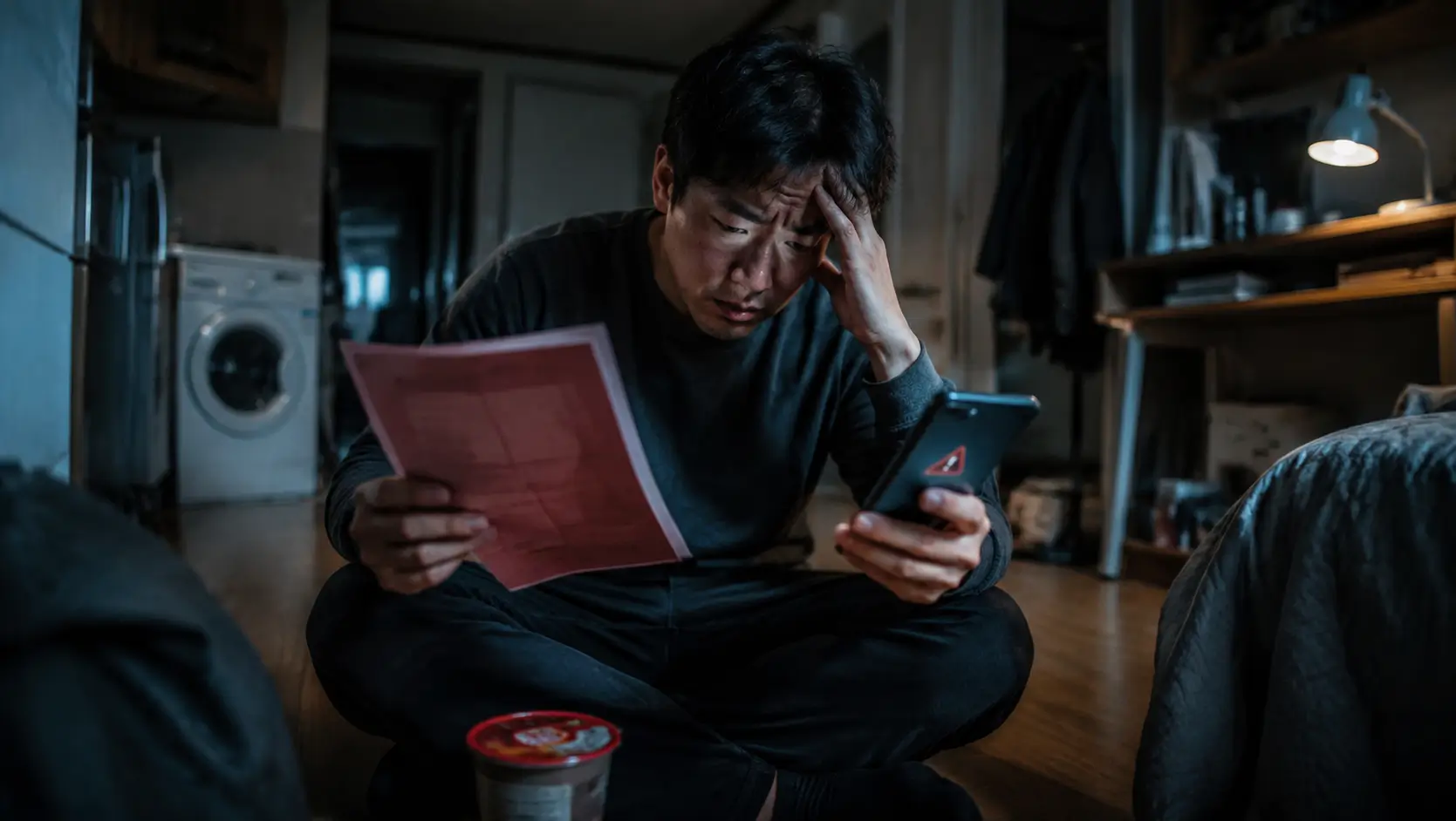 어두운 한국 원룸 바닥에 앉아 붉은색 통신비 미납 고지서와 발신 정지 화면이 뜬 스마트폰을 보며 심하게 당황하는 30대 남성