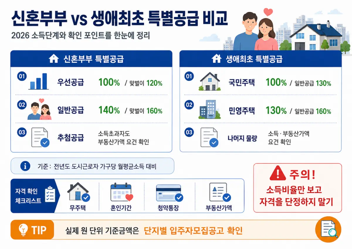 2026 신혼부부 특별공급 맞벌이 소득기준과 생애최초 국민주택 민영주택 소득단계 비교