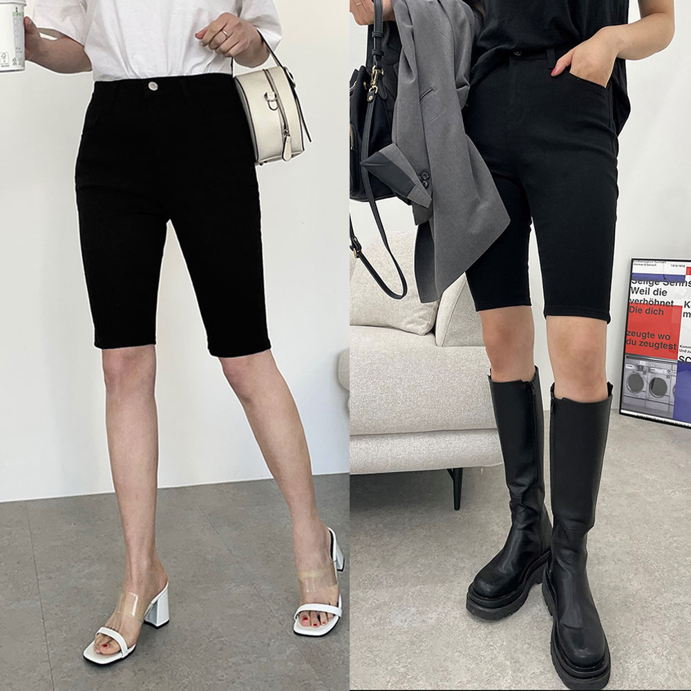 여성 반바지 여름 바지 5부 반바지 바이크 바이커 팬츠 룩 흰 검정 면 밴딩 스판 키작녀