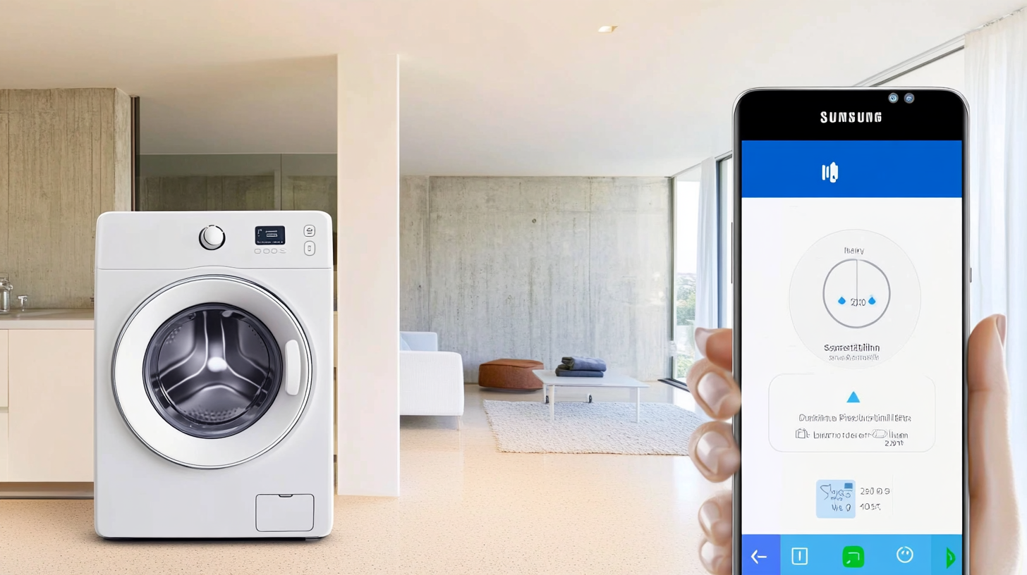 삼성 SmartThings 앱을 통해 스마트폰에서 세탁기를 원격으로 제어하는 사용자 친화적인 경험을 묘사합니다. 현대적인 아파트 배경에서 스마트폰에 표시되는 알림과 함께 부드러운 조명이 어우러진 장면입니다.