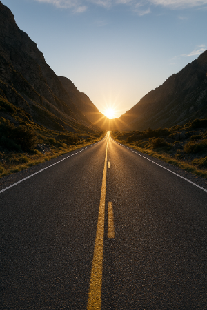험난한 산맥 위로 곧게 뻗은 길, 그 끝에는 밝은 해가 떠오르는 풍경
