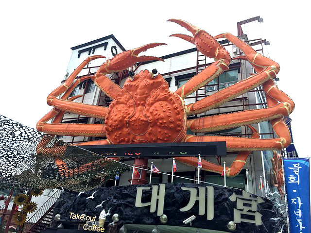 영덕&amp;#44;울진에서 쉽게 볼수 있는 대게식당 외벽에 큰 대게조형물이 건물을 감싸고 있는 모습의 사진입니다.