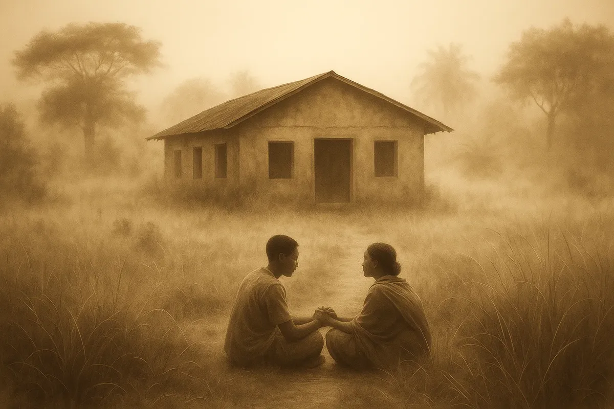 황량한 마을 앞에서 대화하는 두 사람