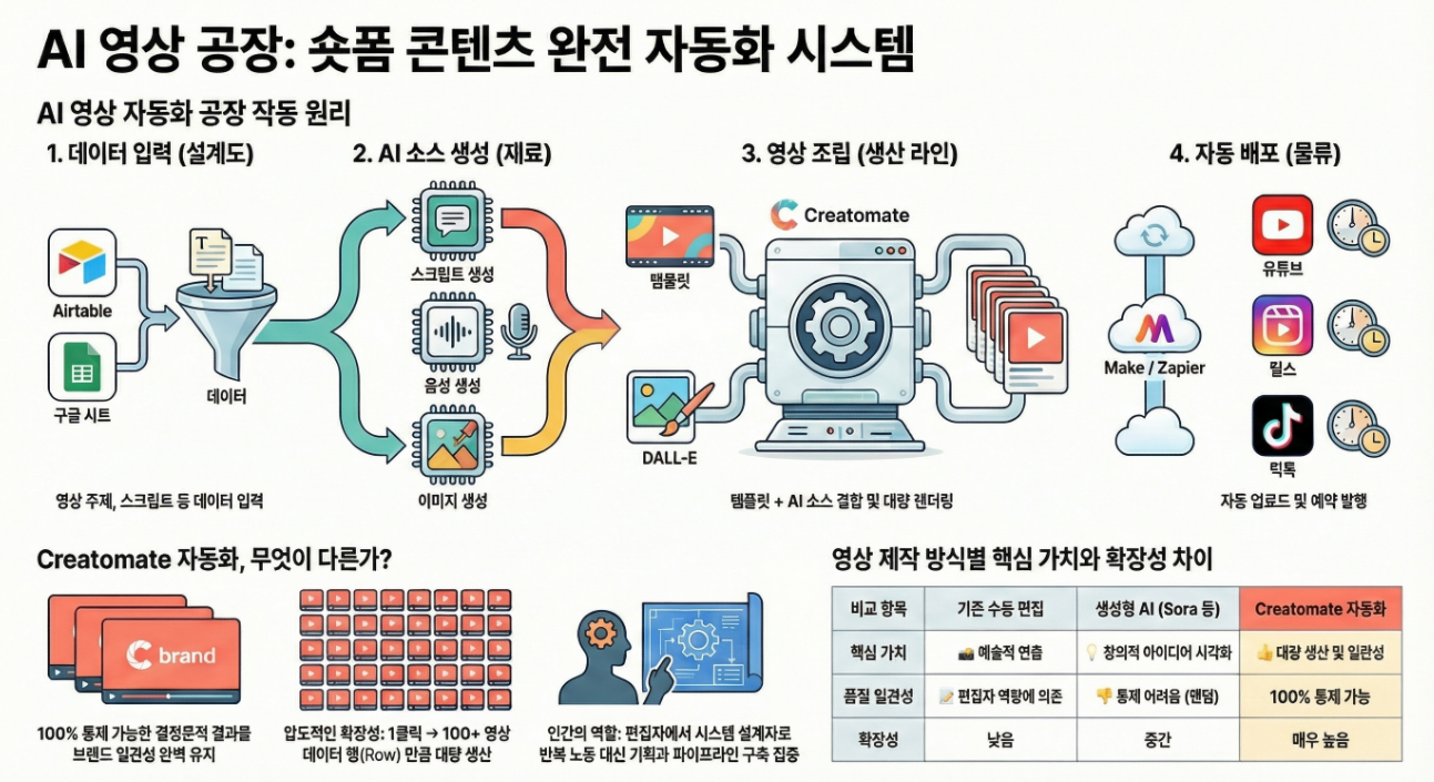 Creatomate 기반 숏폼 자동화 영상 제작의 전체 워크플로우를 보여주는 깔끔한 인포그래픽. 데이터 입력부터 AI 콘텐츠 생성, Creatomate를 통한 영상 조립 및 최종 배포까지의 단계를 화살표로 연결하여 시각적으로 설명합니다.