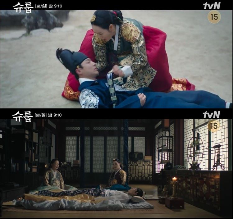 유전병인 헐어궐로 쓰러진 세자와 그 옆에 중전