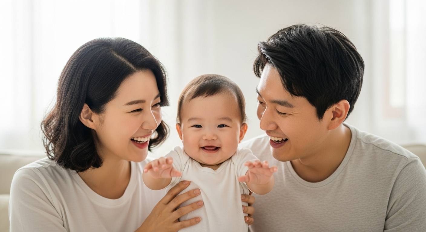 행복한 아기와 엄마 아빠의 모습